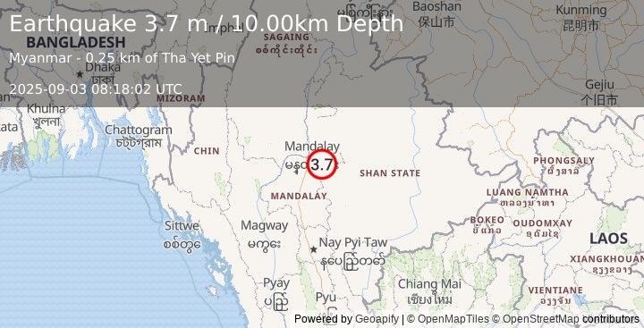 Earthquake MYANMAR (3.7 m) (2025-09-03 08:18:02 UTC)