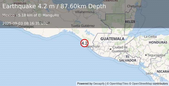 Earthquake OFFSHORE CHIAPAS, MEXICO (4.2 m) (2025-09-03 08:16:35 UTC)