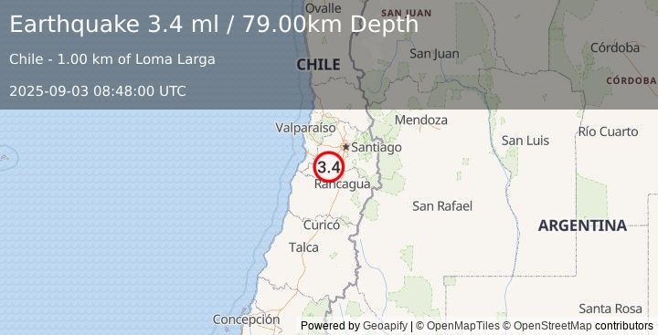 Earthquake REGION METROPOLITANA, CHILE (3.4 ml) (2025-09-03 08:48:02 UTC)