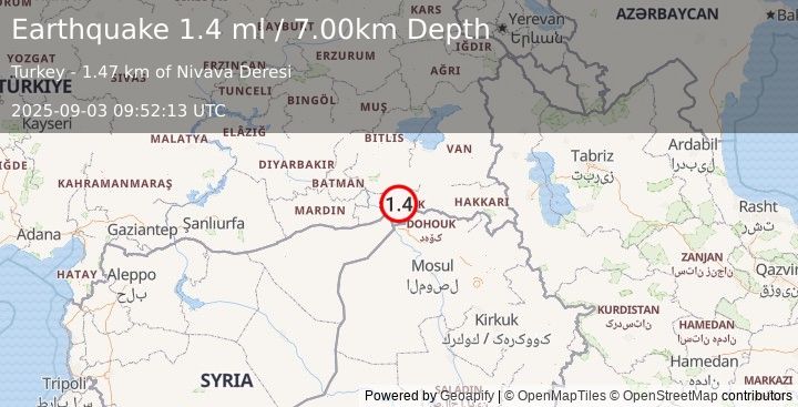 Earthquake TURKEY-SYRIA-IRAQ BORDER REGION (1.4 ml) (2025-09-03 09:52:13 UTC)