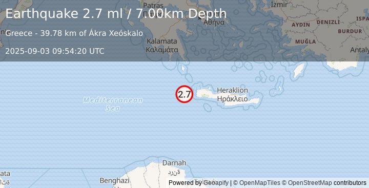 Earthquake CRETE, GREECE (2.7 ml) (2025-09-03 09:54:20 UTC)