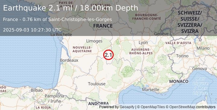 Earthquake FRANCE (2.1 ml) (2025-09-03 10:27:30 UTC)