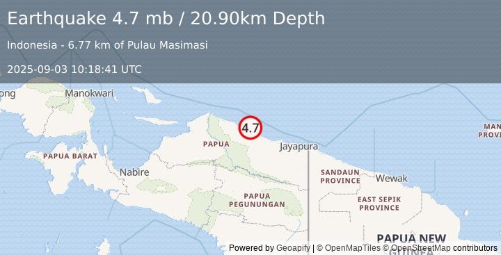 Earthquake NEAR N COAST OF PAPUA, INDONESIA (4.7 mb) (2025-09-03 10:18:41 UTC)