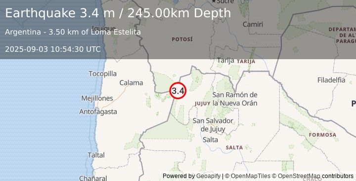 Earthquake JUJUY, ARGENTINA (3.4 m) (2025-09-03 10:54:30 UTC)