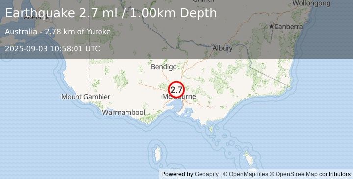 Earthquake NEAR S.E. COAST OF AUSTRALIA (2.7 ml) (2025-09-03 10:58:00 UTC)