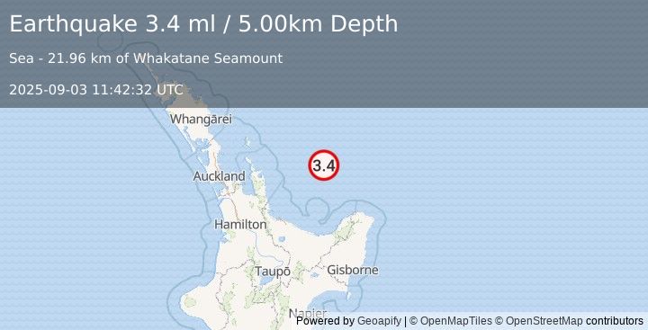 Earthquake OFF E. COAST OF N. ISLAND, N.Z. (3.4 ml) (2025-09-03 11:42:32 UTC)