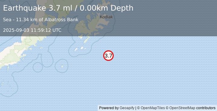 Earthquake KODIAK ISLAND REGION, ALASKA (3.7 ml) (2025-09-03 11:59:12 UTC)
