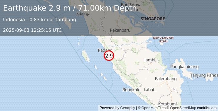 Earthquake SOUTHERN SUMATRA, INDONESIA (2.9 m) (2025-09-03 12:25:15 UTC)