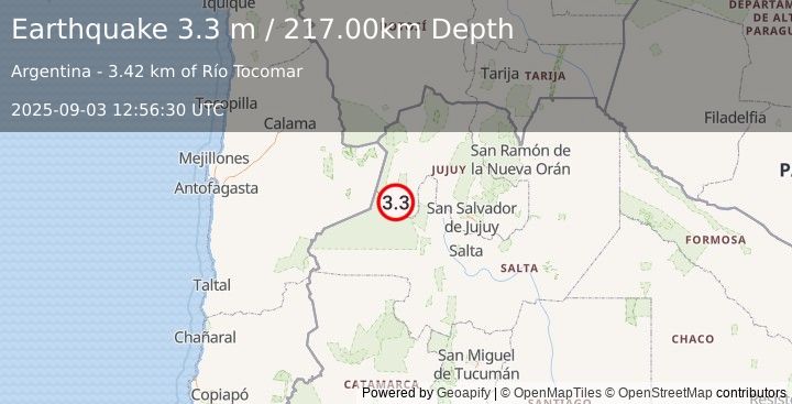 Earthquake JUJUY, ARGENTINA (3.3 ml) (2025-09-03 12:56:09 UTC)
