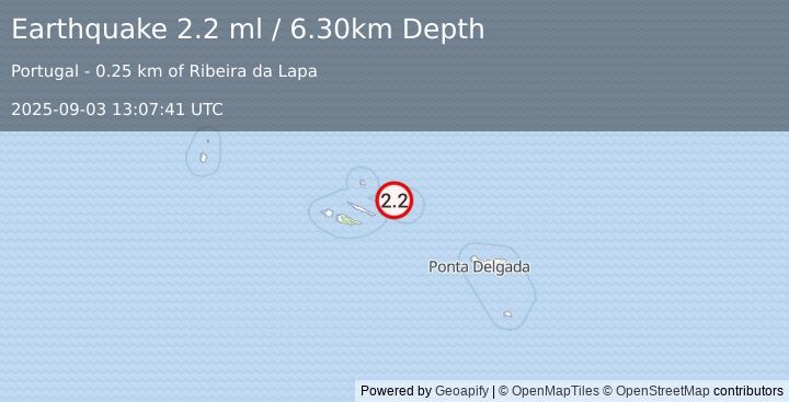 Earthquake AZORES ISLANDS, PORTUGAL (2.2 ml) (2025-09-03 13:07:41 UTC)