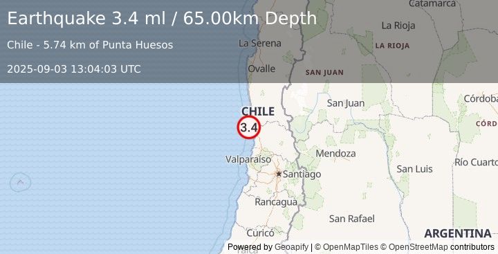Earthquake OFFSHORE VALPARAISO, CHILE (3.4 ml) (2025-09-03 13:04:03 UTC)