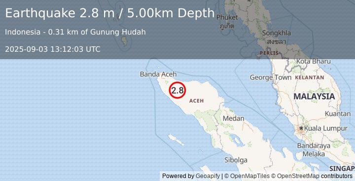 Earthquake NORTHERN SUMATRA, INDONESIA (2.8 m) (2025-09-03 13:12:03 UTC)