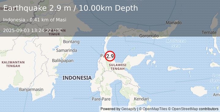 Earthquake MINAHASA, SULAWESI, INDONESIA (2.9 m) (2025-09-03 13:24:22 UTC)