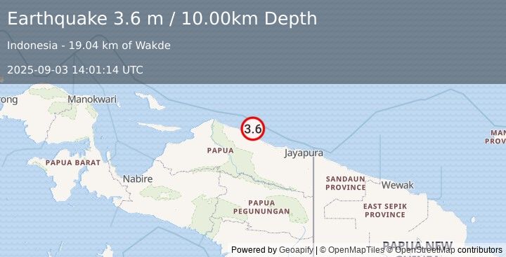 Earthquake NEAR N COAST OF PAPUA, INDONESIA (3.6 m) (2025-09-03 14:01:14 UTC)