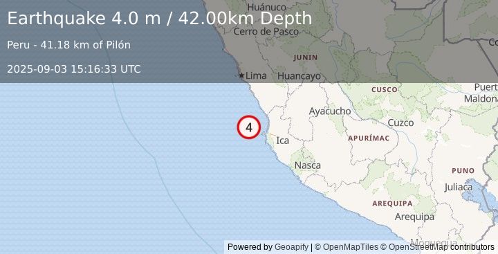 Earthquake NEAR COAST OF CENTRAL PERU (4.0 m) (2025-09-03 15:16:33 UTC)