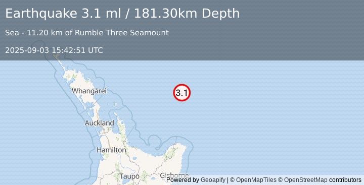 Earthquake OFF E. COAST OF N. ISLAND, N.Z. (3.1 ml) (2025-09-03 15:42:51 UTC)