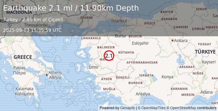 Earthquake WESTERN TURKEY (2.1 ml) (2025-09-03 15:35:59 UTC)