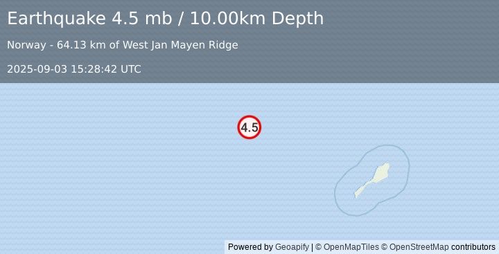 Earthquake JAN MAYEN ISLAND REGION (4.5 mb) (2025-09-03 15:28:42 UTC)