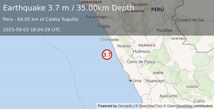 Earthquake NEAR COAST OF CENTRAL PERU (3.7 m) (2025-09-03 16:04:29 UTC)