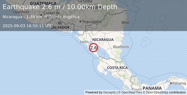 Earthquake NEAR COAST OF NICARAGUA (2.6 m) (2025-09-03 16:50:11 UTC)