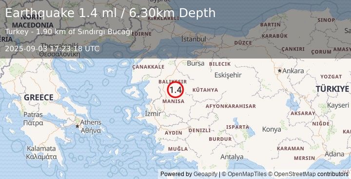 Earthquake WESTERN TURKEY (1.4 ml) (2025-09-03 17:23:18 UTC)