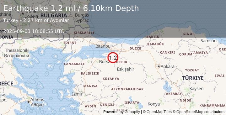 Earthquake WESTERN TURKEY (1.2 ml) (2025-09-03 18:08:55 UTC)