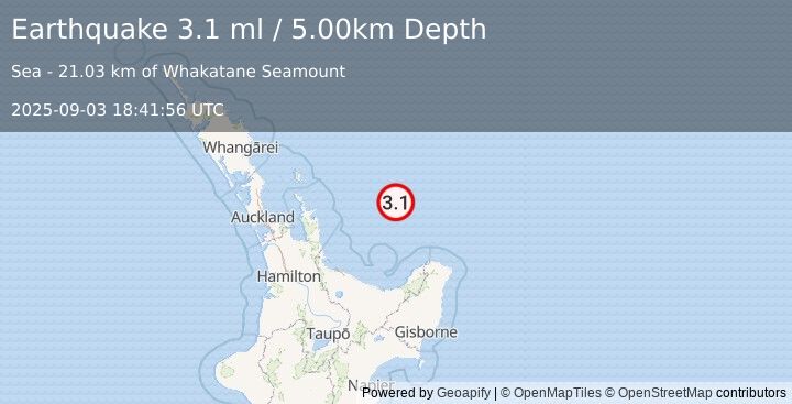 Earthquake OFF E. COAST OF N. ISLAND, N.Z. (3.1 ml) (2025-09-03 18:41:56 UTC)