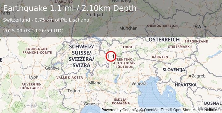 Earthquake SWITZERLAND (1.1 ml) (2025-09-03 19:26:59 UTC)