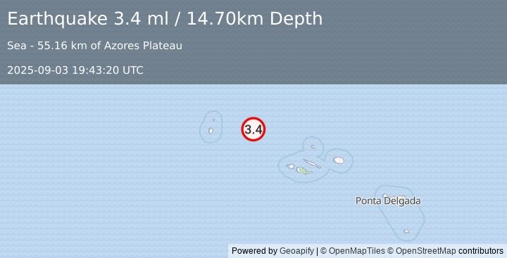 Earthquake AZORES ISLANDS, PORTUGAL (3.4 ml) (2025-09-03 19:43:20 UTC)