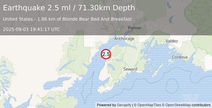 Earthquake KENAI PENINSULA, ALASKA (2.5 ml) (2025-09-03 19:41:17 UTC)