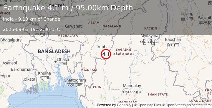 Earthquake MYANMAR-INDIA BORDER REGION (4.1 m) (2025-09-03 19:52:36 UTC)