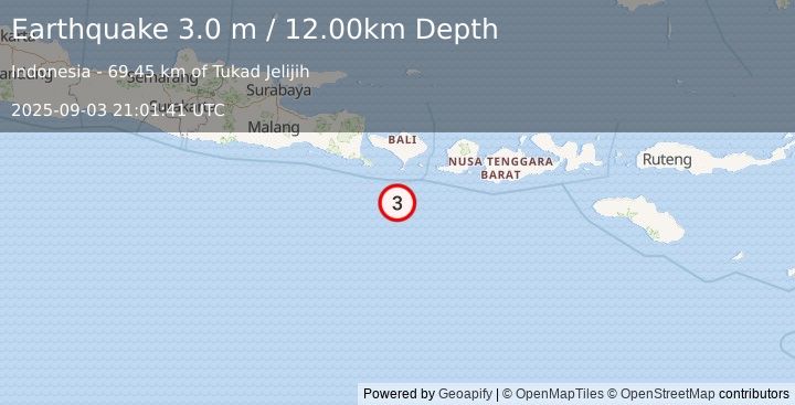 Earthquake SOUTH OF BALI, INDONESIA (3.0 m) (2025-09-03 21:01:41 UTC)
