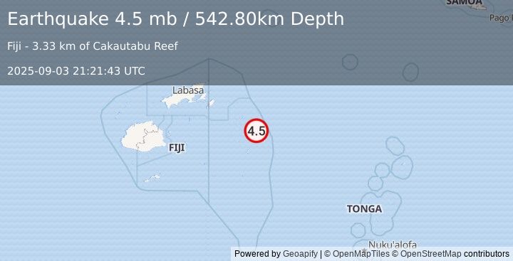 Earthquake FIJI REGION (4.5 mb) (2025-09-03 21:21:43 UTC)