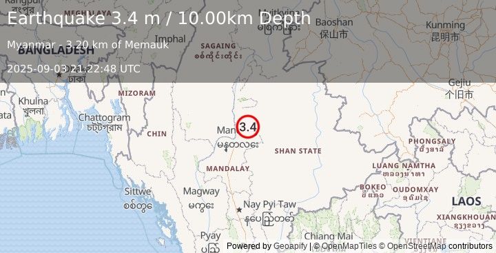 Earthquake MYANMAR (3.4 m) (2025-09-03 21:22:48 UTC)