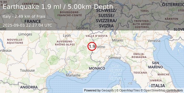 Earthquake NORTHERN ITALY (1.9 ml) (2025-09-03 22:27:03 UTC)