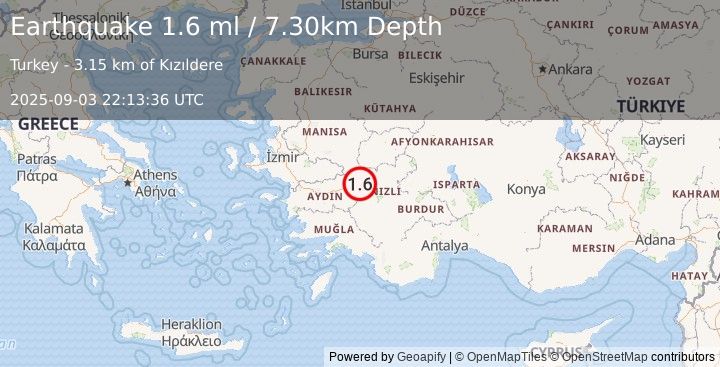 Earthquake WESTERN TURKEY (1.6 ml) (2025-09-03 22:13:36 UTC)