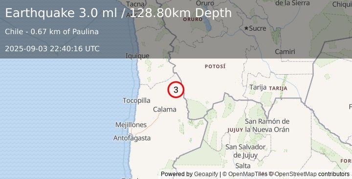 Earthquake ANTOFAGASTA, CHILE (3.0 ml) (2025-09-03 22:40:16 UTC)