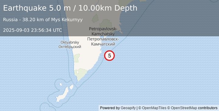 Earthquake OFF EAST COAST OF KAMCHATKA (4.9 mb) (2025-09-03 23:56:39 UTC)