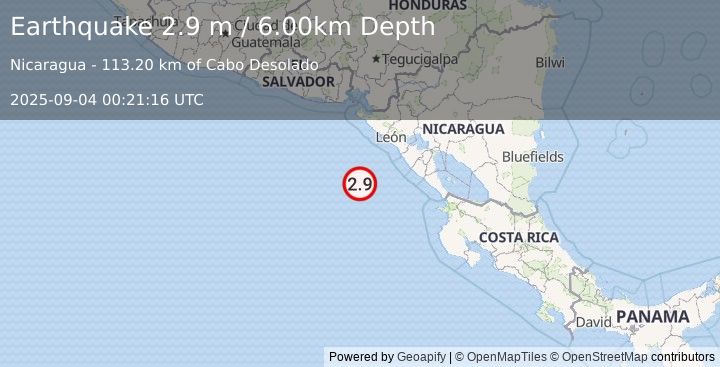 Earthquake NEAR COAST OF NICARAGUA (2.9 m) (2025-09-04 00:21:16 UTC)