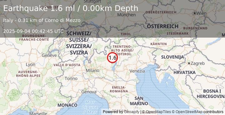 Earthquake NORTHERN ITALY (1.6 ml) (2025-09-04 00:42:45 UTC)
