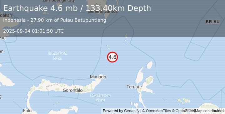 Earthquake KEPULAUAN SANGIHE, INDONESIA (4.6 mb) (2025-09-04 01:01:50 UTC)