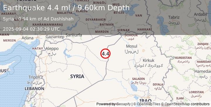 Earthquake SYRIA-IRAQ BORDER REGION (4.3 ml) (2025-09-04 02:30:30 UTC)
