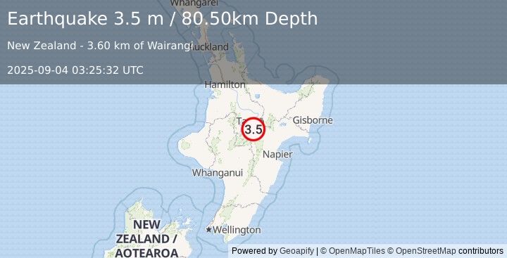 Earthquake NORTH ISLAND OF NEW ZEALAND (3.5 m) (2025-09-04 03:25:32 UTC)
