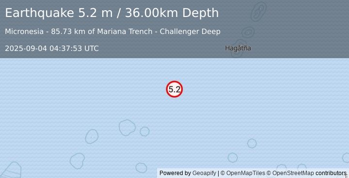 Earthquake STATE OF YAP, MICRONESIA (5.3 m) (2025-09-04 04:37:49 UTC)