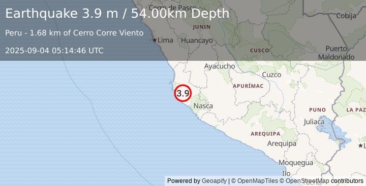 Earthquake NEAR COAST OF CENTRAL PERU (3.9 m) (2025-09-04 05:14:46 UTC)