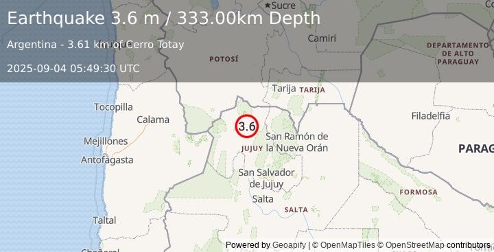 Earthquake JUJUY, ARGENTINA (3.6 m) (2025-09-04 05:49:30 UTC)