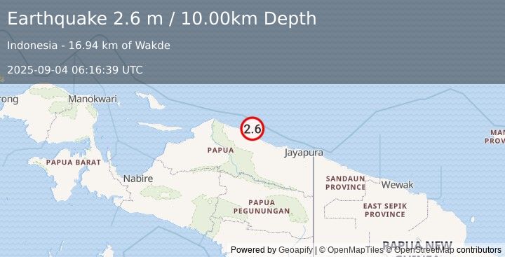 Earthquake NEAR N COAST OF PAPUA, INDONESIA (2.6 m) (2025-09-04 06:16:39 UTC)