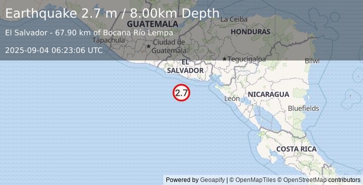 Earthquake OFFSHORE EL SALVADOR (2.7 m) (2025-09-04 06:23:06 UTC)