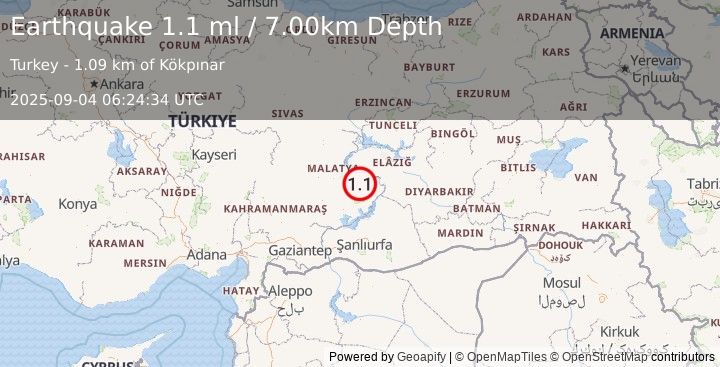 Earthquake EASTERN TURKEY (1.1 ml) (2025-09-04 06:24:34 UTC)