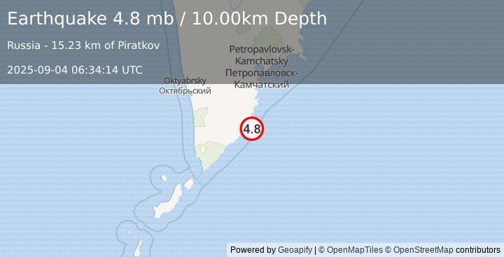 Earthquake NEAR EAST COAST OF KAMCHATKA (4.5 mb) (2025-09-04 06:34:21 UTC)
